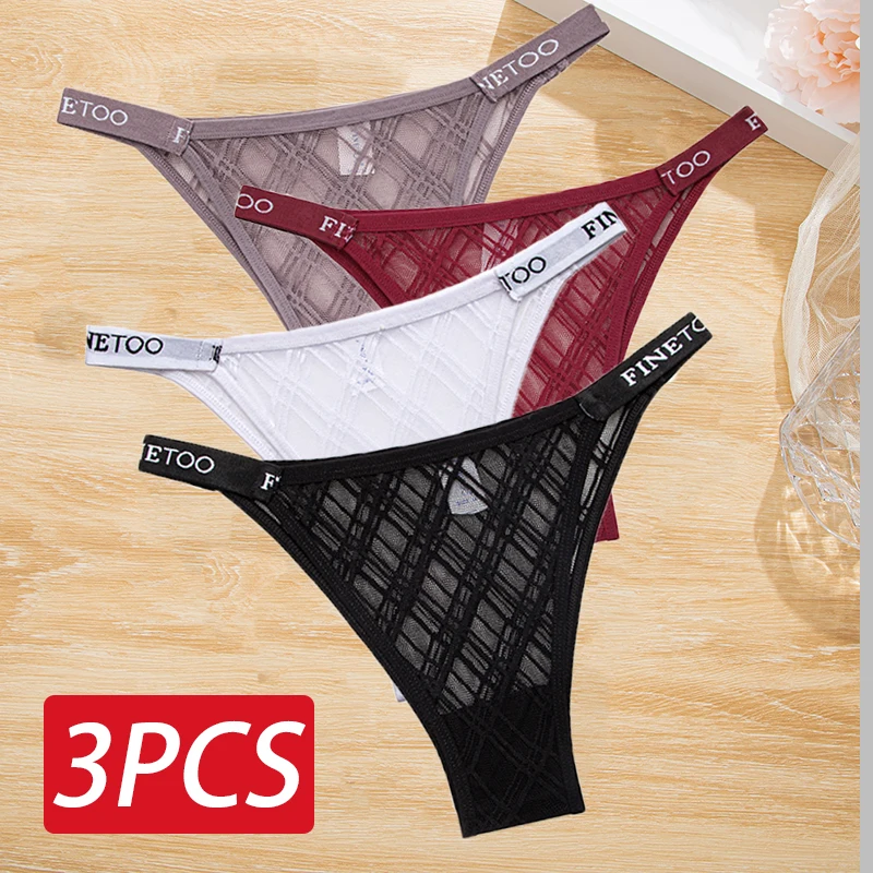 

3PCS/Set Sexy Mesh Panties Women FINETOO Letter Waist Underwear Women Transparent Female Underpannts Hollow Out Briefs Lingerie