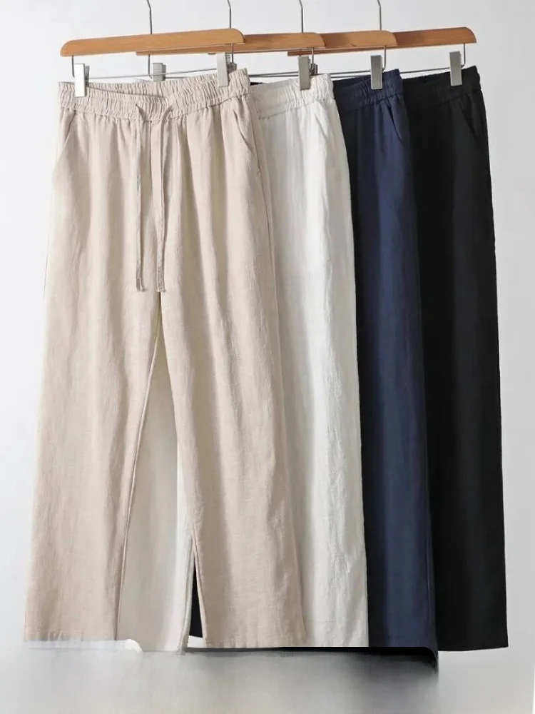 

Linen Cotton Blend Men's Casual Pants Breathable Loose Straight Leg Thin Summer Fashionable Youth Leisure Trousers