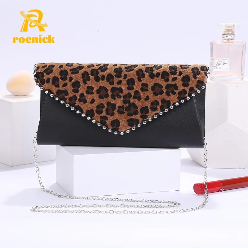 

ROENICK Women's PU Leopard Print Evening Bags Banquet Dinner Prom Clutch Flip Envelope Chain Shoulder Messenger Handbags Purses