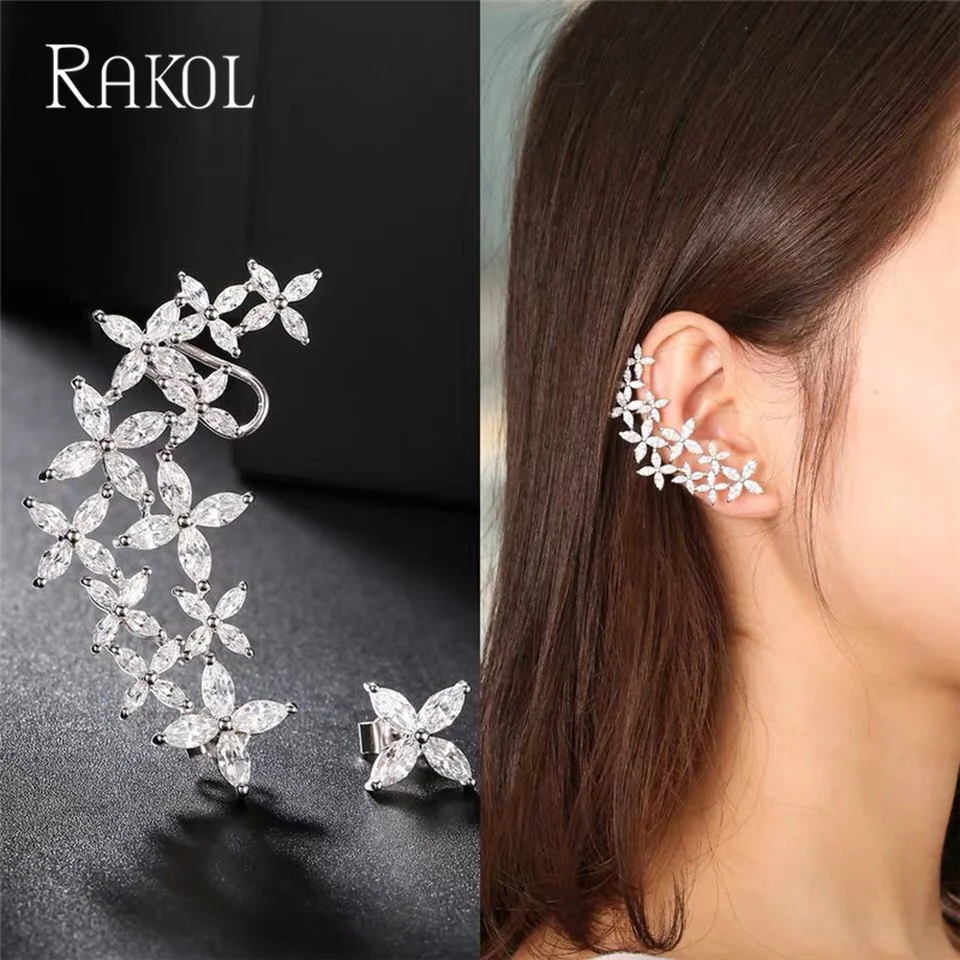 RAKOL Fashion Asymmetric Zircon Flower Ear Cuff Stud Earrings For Women White Crysyal Bridal Brincos Jewelry