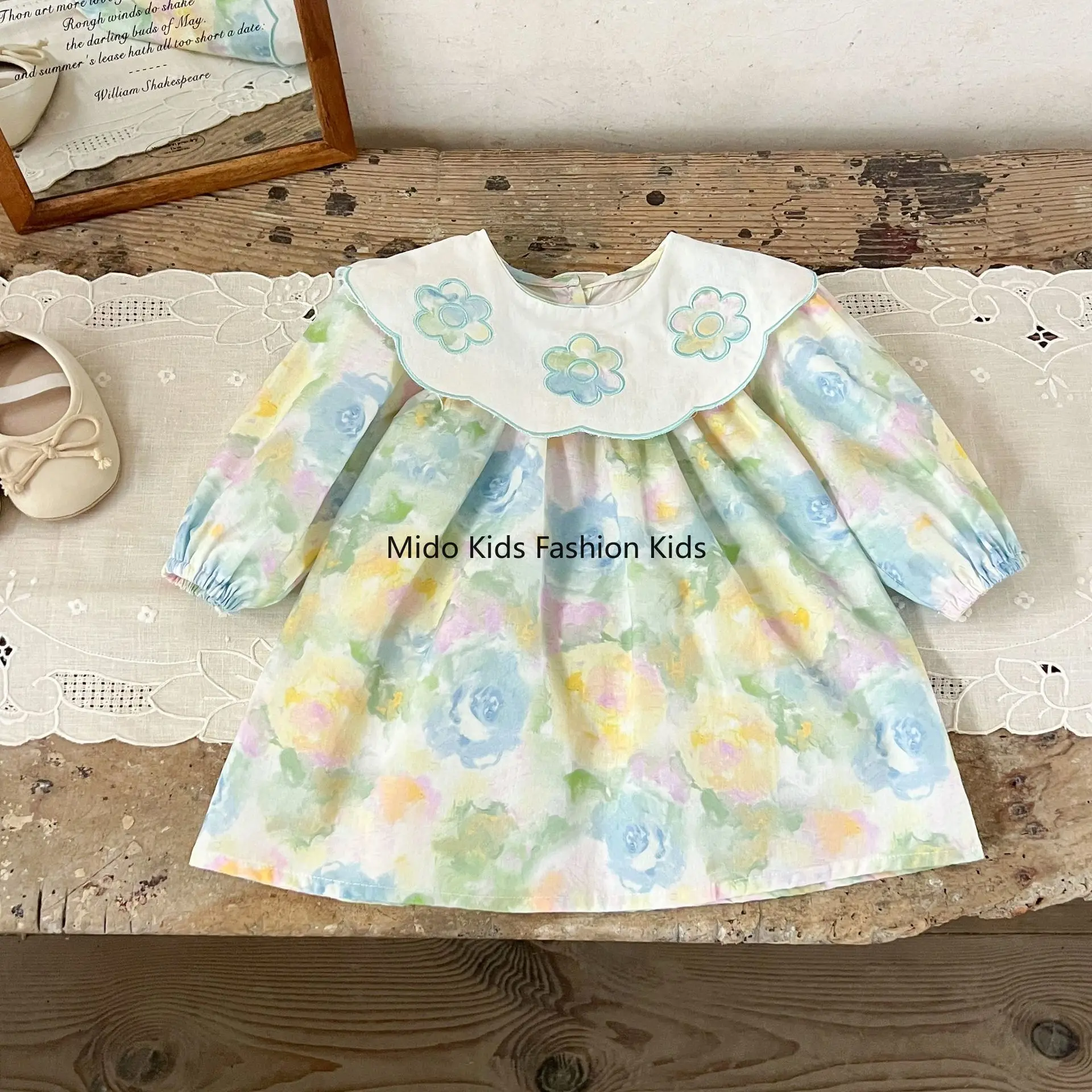 Girls Flower Embroidery Lapel Print Long Sleeve Dress Kids Toddler All-Match Elegant Party Dress for Spring Autumn
