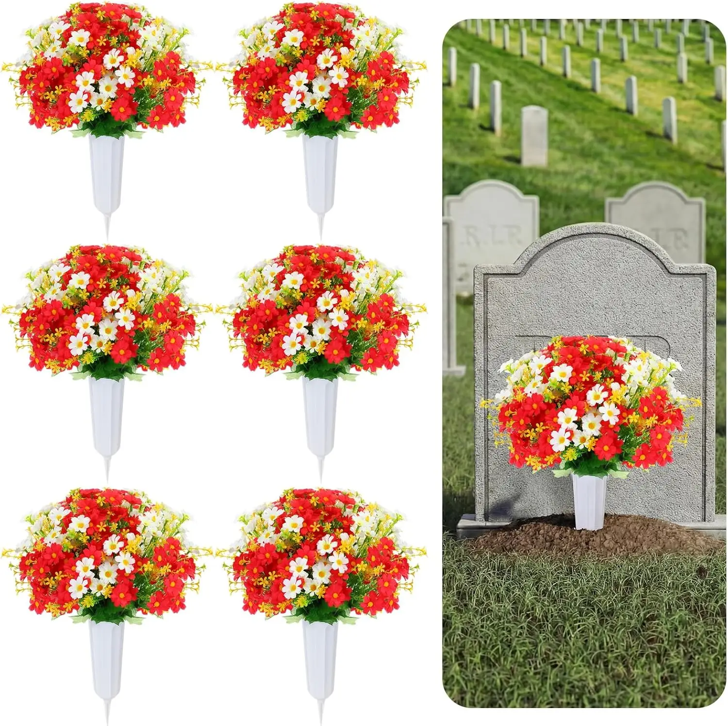 

6 Sets Cemetery Flowers for Grave with Long Spikes Vase Artificial Grave Memorial Flowers for Cemetery Headstones Graves