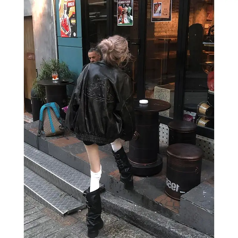 American Retro Vintage Leather Jacket Women's Loose Fit Biker Style Top Coat Autumn Winter New Arrival Versatile Jacket