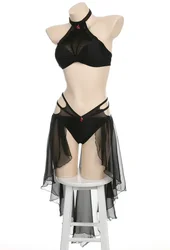 Meowcos Gothic Bikini Set for Women Swimsuit Halter Pentagram Mesh Top and Bottoms Two-Piece Bathing Suit Swimwear