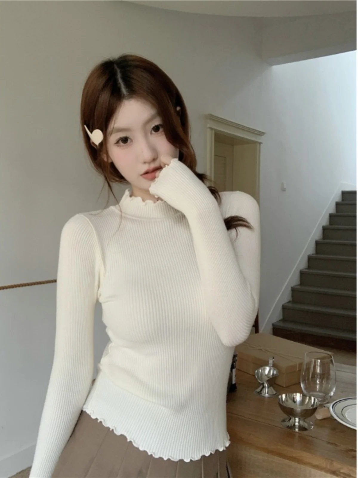 

Black Lace Knit Sweater Half High Collar Slim Fit Women's Base Shirt Inner Wear Commute Style Winter Collection Wool 100%