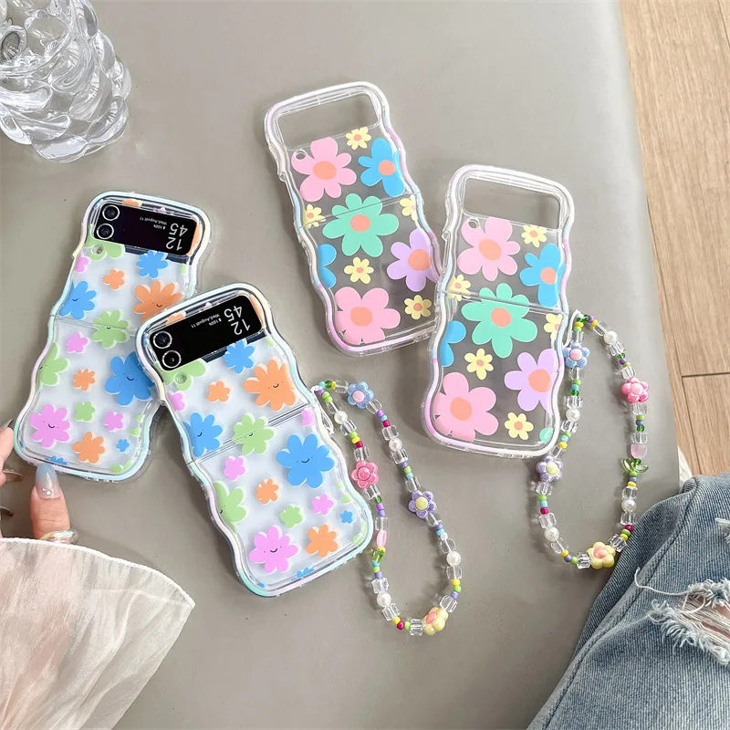 Samsung Galaxy Z Flip 7 6 5 4用 マルチカラーフラワー फोनケース、ZFlip5 ZFlip6 ZFlip7用保護バックカバー ケース シェル