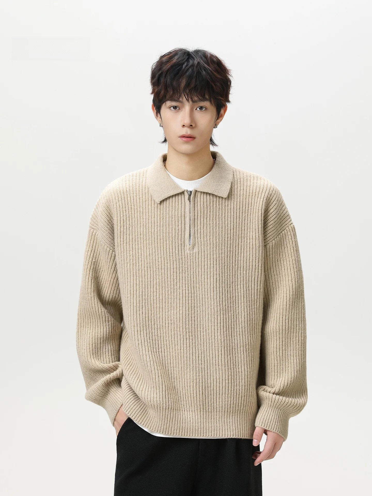 

Мужской свитер в американском ретро-стиле с молнией, осенне-зимний, утепленный, свободный, повседневный, с воротником, комфортный, премиум-класса