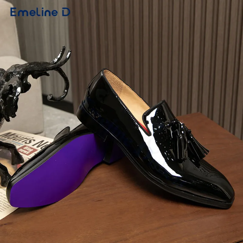 Tassel Decorated Black Patent Leather Loafers Simple Solid Color Slip-On Leather Casual Shoes Large Size Business Men's Shoes