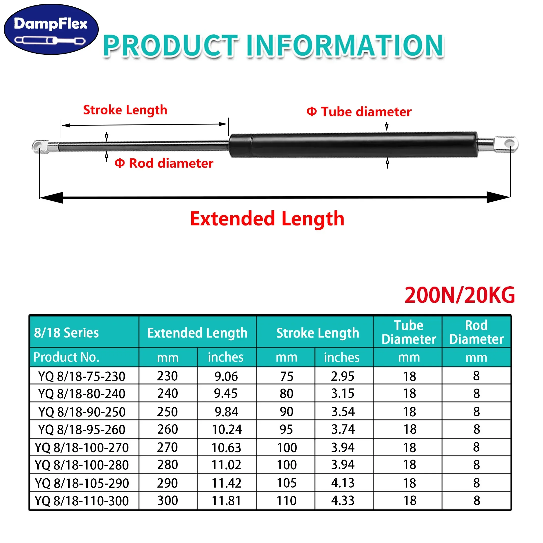 1PC 200N 230-300mm Gas Struts Eyelets Shock Absorbers Gas Springs Lift Supports Storage Bed RV Window Truck Canopy Camper Cover