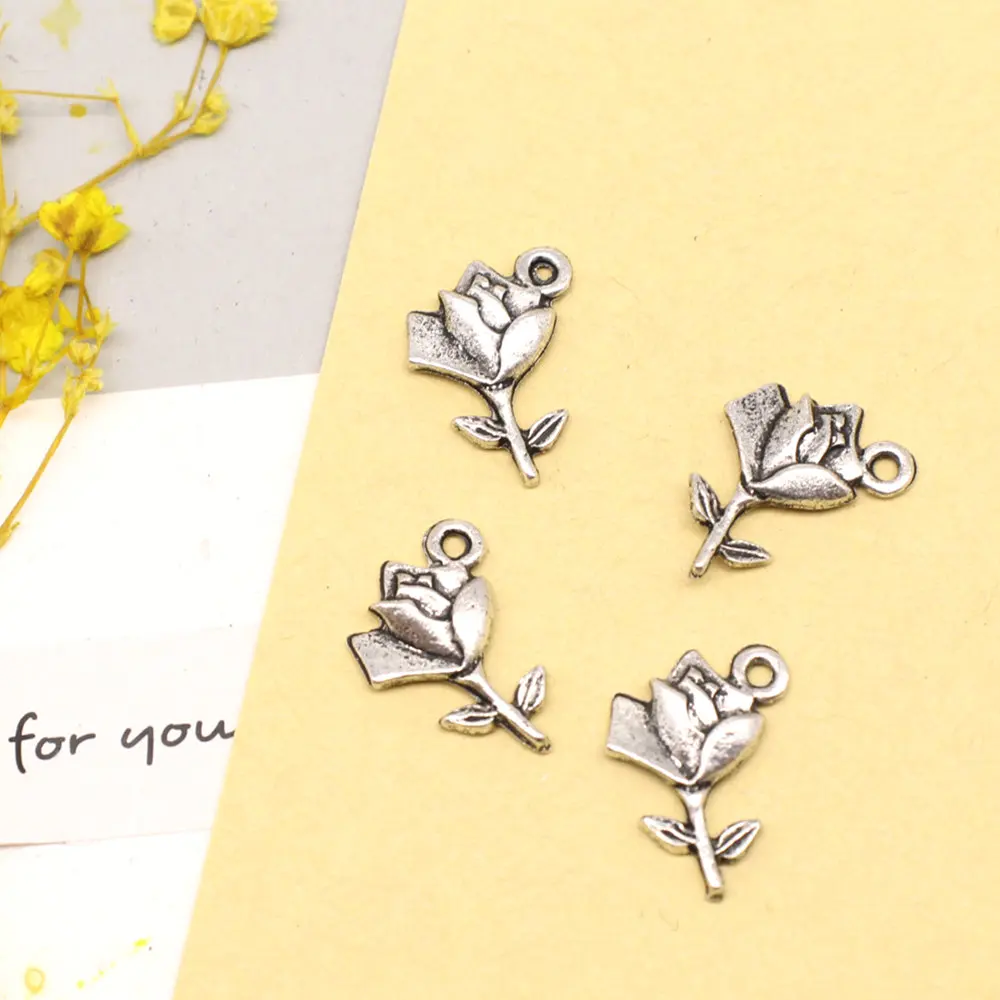 Flowers Charms Pendant Necklac Girls Craft Jewelry Wholesale Jewelry 10x16mm 30pcs Antique Silver Color