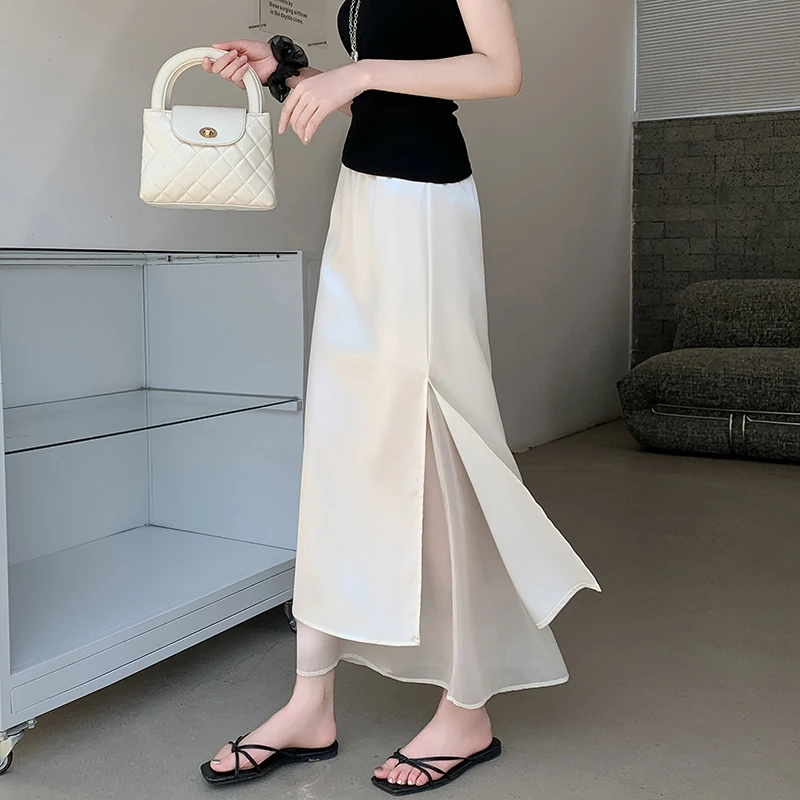 Acetate Satin Tulle Paneled Slit Skirt Women's Summer Lightweight Casual Long Skirt High-waist Elegant A-line Skirt Office Lady