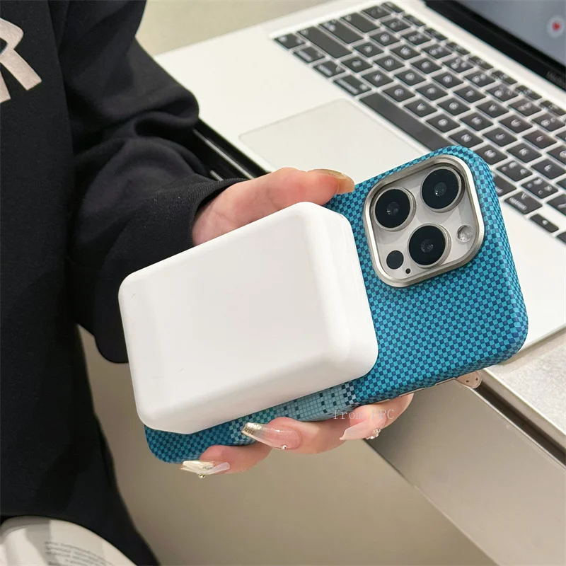 Camera Alloy Folding Stand Plaid Dots Magnetic Back Cover 16 Case for iPhone 15 14 Pro Max MagSafe Shell Frame Carbon Color Hull image 3