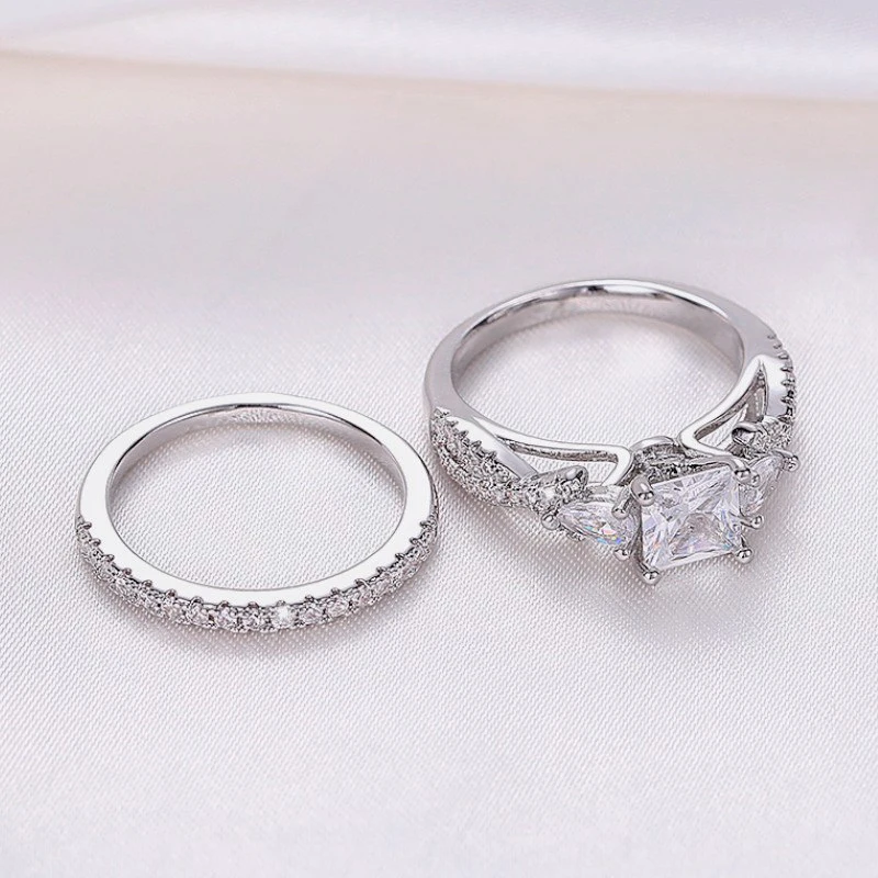 Huitan Bridal Sets Rings Luxury Wedding Accessories Temperament Elegant 2Pcs Rings for Women Engagement Party Statement Jewelry