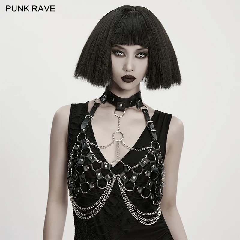 

Панк-чокер для женщин из искусственной кожи с металлическими цепями, ажурный дизайн, сексуальные аксессуары для косплея в стиле «хит-девушка»