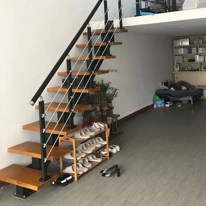 

Integral staircase Indoor Straight beam Loft Home duplex steel wood apartment