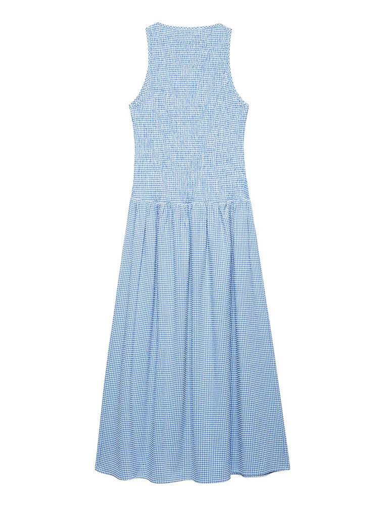KUCLUT Abito longuette a trapezio con pullover a pieghe scozzese alla moda da donna Abiti da donna chic femminili senza maniche con o-collo vintage