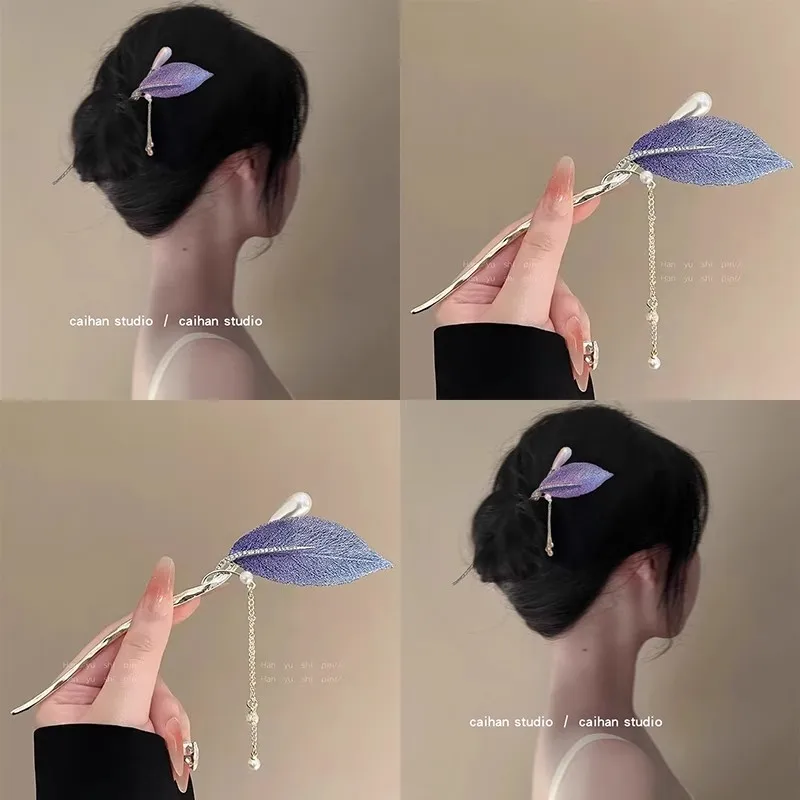 2025 جديد النمط الصيني الأرجواني ورقة الشعر العصي للنساء خمر شرابة معدنية Hanfu عود على شكل دبوس الشعر إكسسوارات الشعر #1