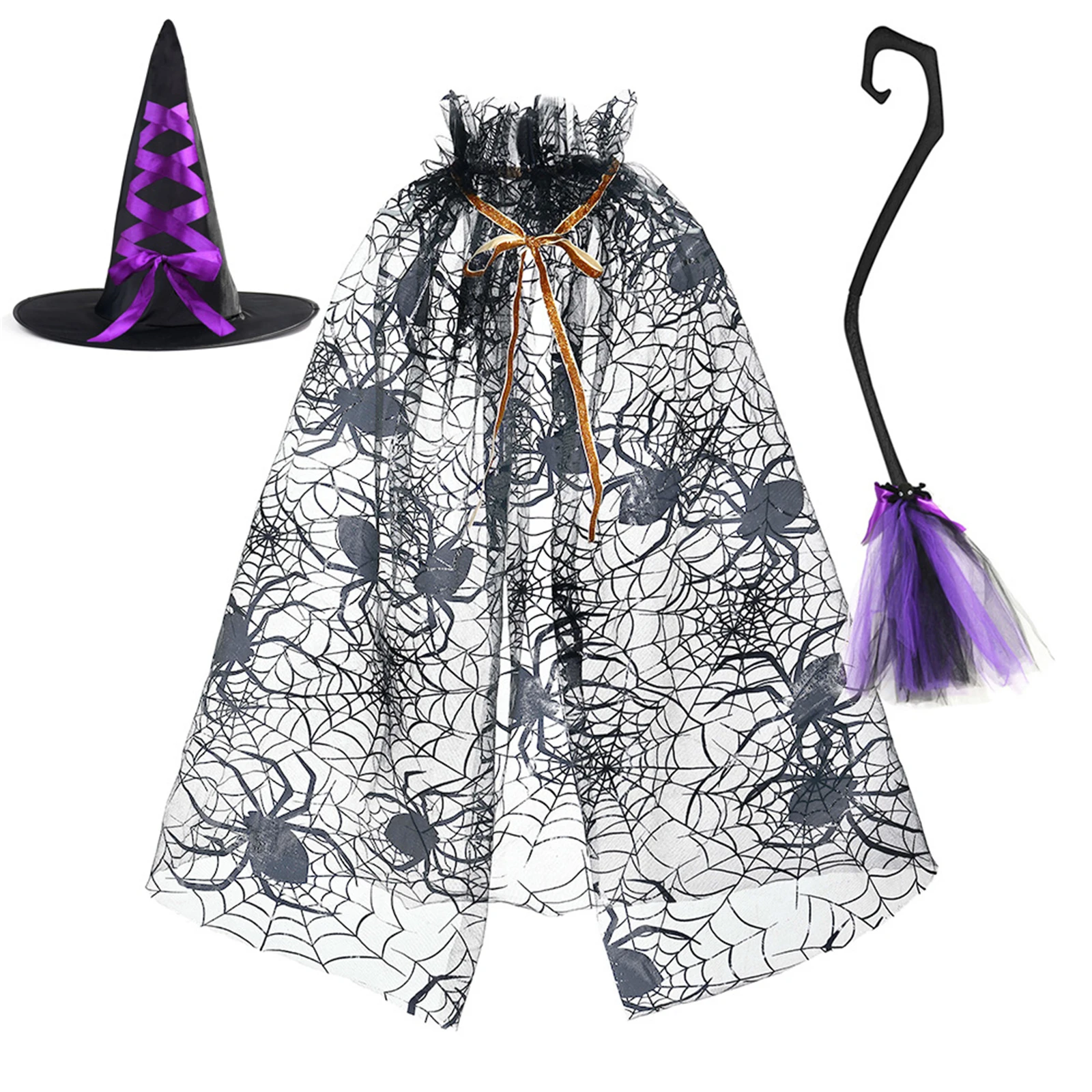 

Kids Halloween Veil Cloak Witch Cloak with Hat Broom Set Girl Princess Birthday Party Cosplay Costume Holiday Cloak Props