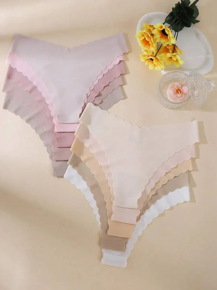 

10 Pcs Womens Comfortable Wave Trim Bikini Panties Solid Color