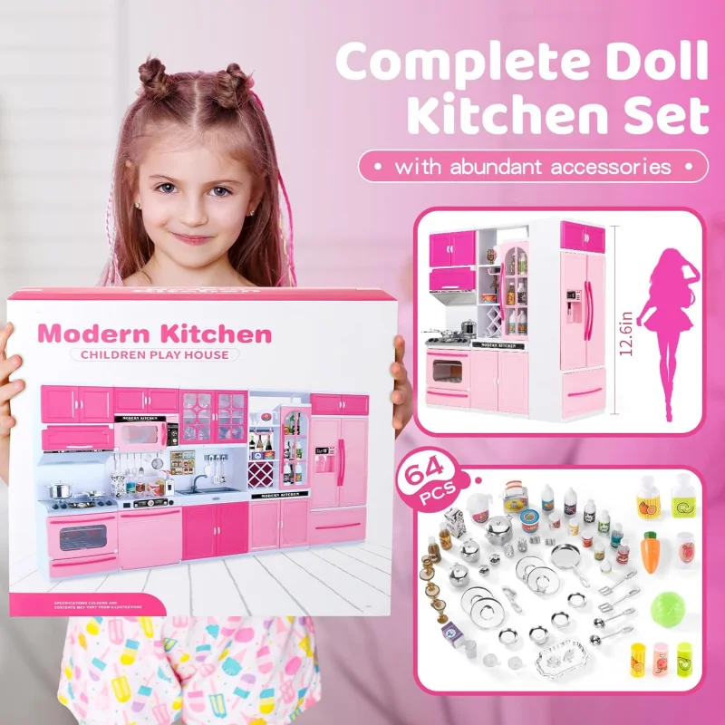 Cozinha Infantil Mini Moderna Brinquedo Cozinha Rosa Geladeira Conjunto de Brinquedos Acessórios, Adequado para Crianças (Presente 4 em 1)