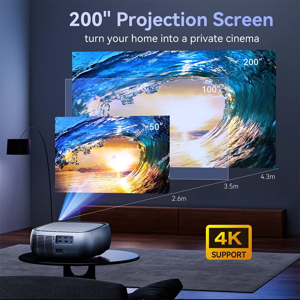 SUREWHEEL K10 Projector 4K 12000 Lumens No Dark Area 4D Trapezoidal Correction 1080P Home Theater Beamer Compatible HDMI/Phone