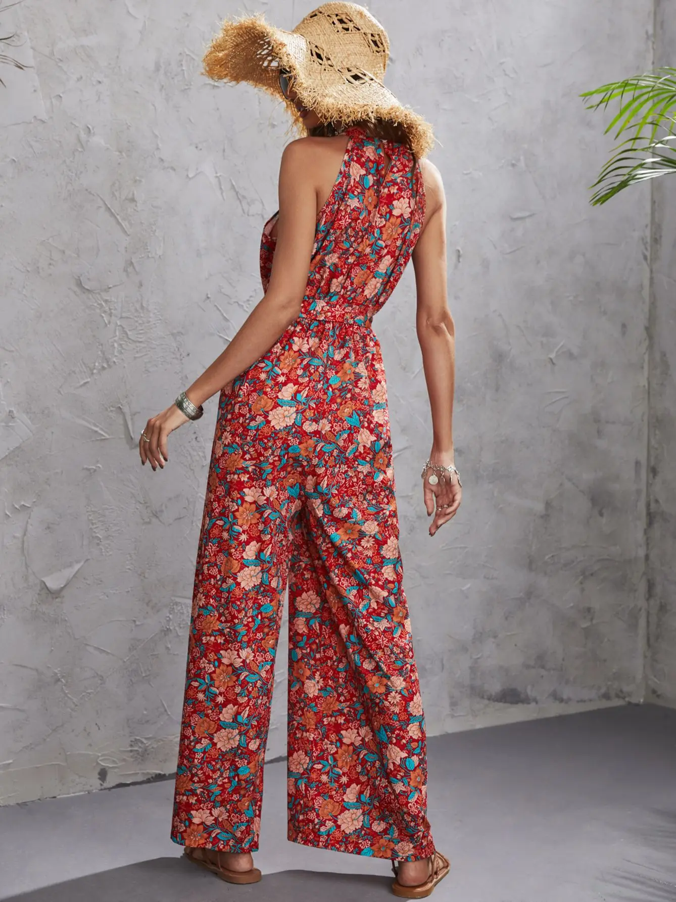 2022 Summer Sexy Floral Print Jumpsuits Women Sleeveless Backless Wide Leg Long Overalls Rompers Female Loose Halter Jumpsuits