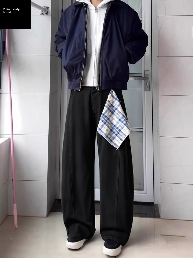 

American Style Detachable Scarf Knife Jeans Men's Trendy Brand Handsome Wide Leg Pants Cleanfit Loose Straight Leg Pants
