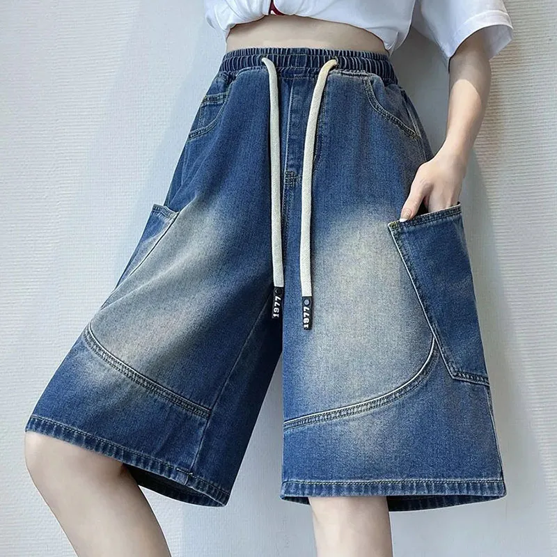 Womens New Summer Denim Shorts Loose Fit American Casual Straight Knee-Length Pants