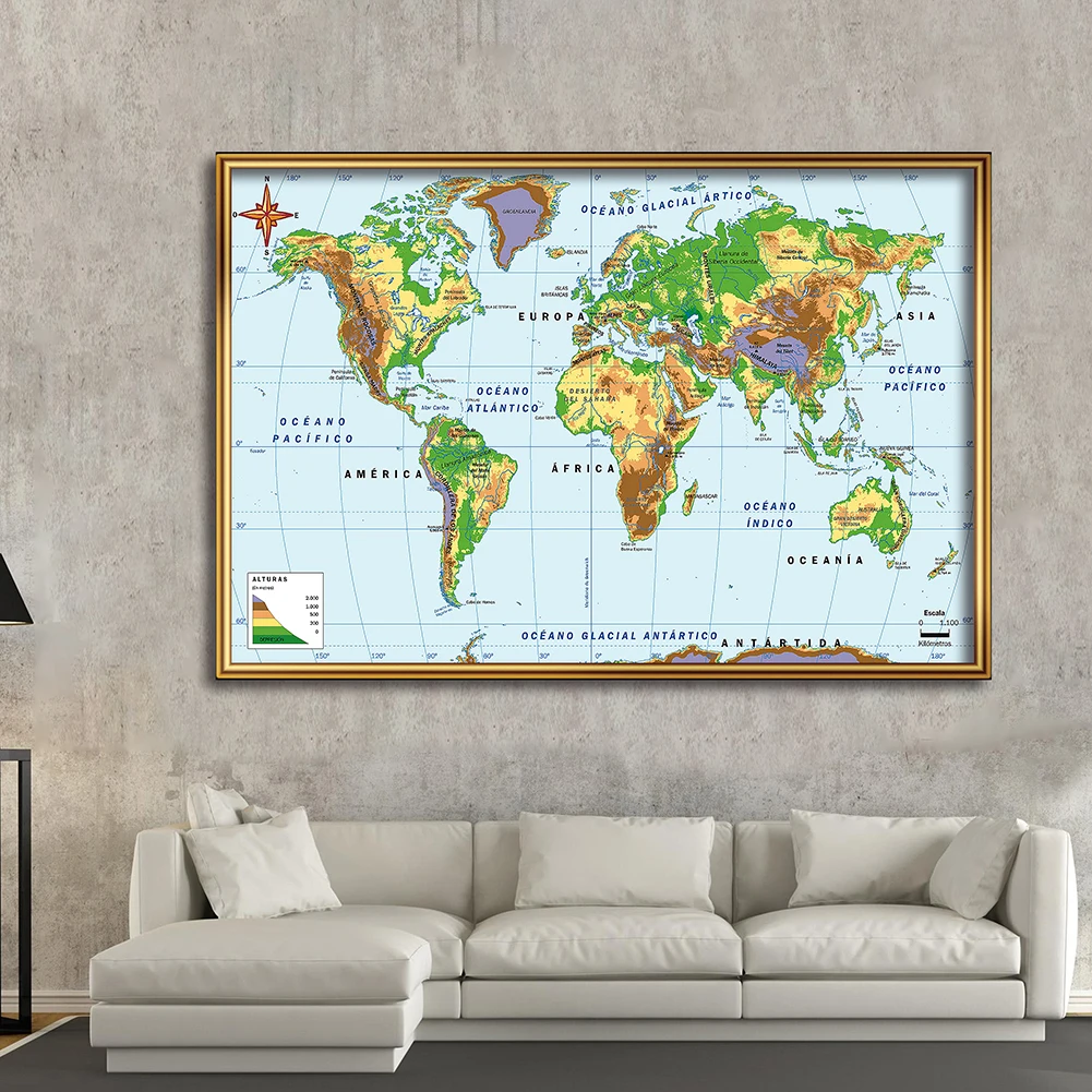 Il mondo mappa orografica In spagnolo Non tessuto tela pittura Wall Art Poster Home Office decorazione materiale scolastico 150*100cm