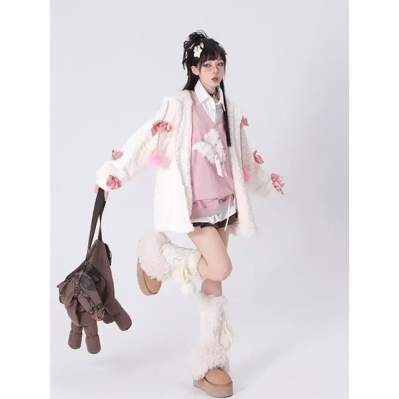 New Casual Loose Pink Hoodies Women All Match Plush Rabbit V-neck Sweatshirt Y2k Aesthetic Korean Fashion Harajuku