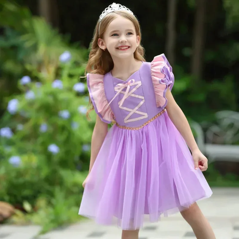 Princess Sophia Dress 2024 Summer Girls' Birthday Performance 2-7 Years Old Kids Cotton Short Sleeve Mesh Puffy Cosplay Clot MN8