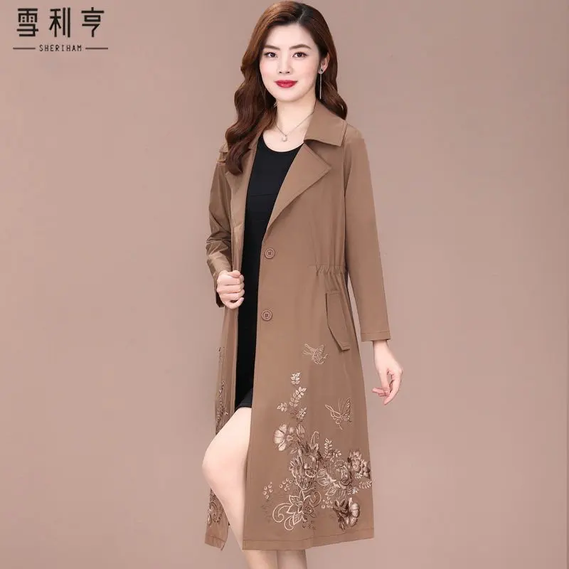

Trench Long Coat Woman Popular Style Over Knee Olive Flap Pockets Spliced Patchwork Special Attractive Basics Charming
