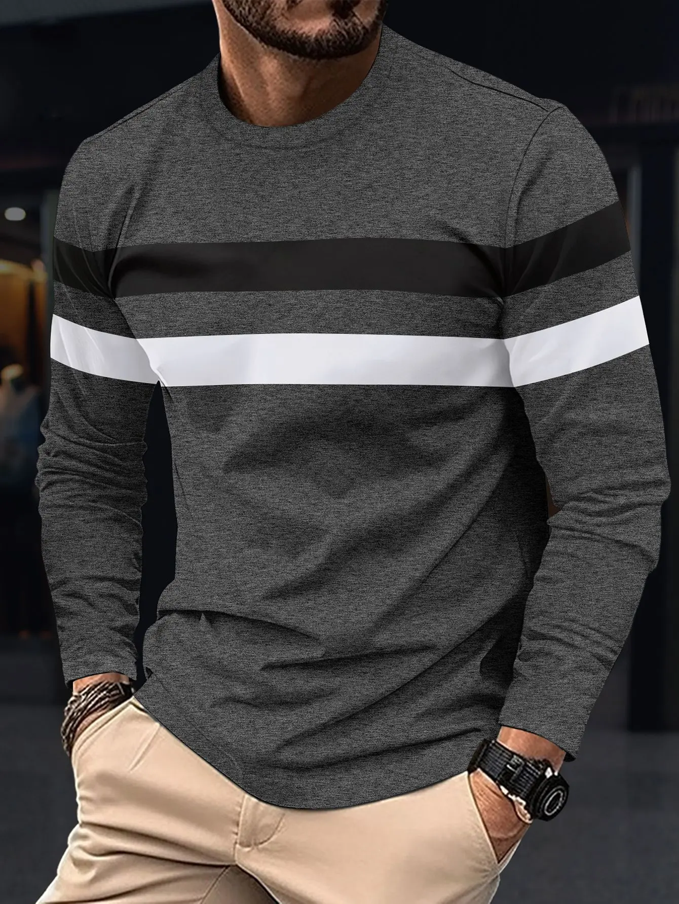 New Spring and Autumn Men\'s Long Sleeve T-shirt Round Neck Bottom Top Color blocked Versatile Slim Fit Comfortable