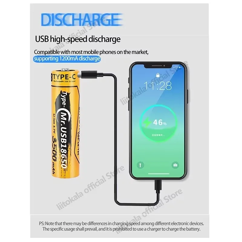 LiitoKala USB-T35 Type-C 3.7V 3500mAh 18650 Rechargeable Li-ion Battery For Flashlight Electric Mobile Phone Toy Battery