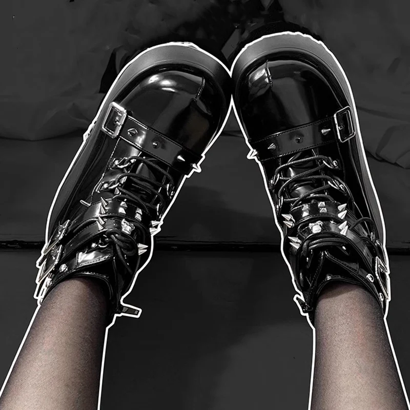 Rivets Decor Chunky Platform Punk Ankle Boots Women 2023 Winter Pu Leather Black Boots Woman Metal Buckle Gothic Shoes