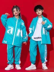 Kids Hip Hop Clothing Blue Coat Pants Boys Street Dance Loose Kpop Outfit Girls Jazz Dancing Performance Suit Stage Wear BL9968