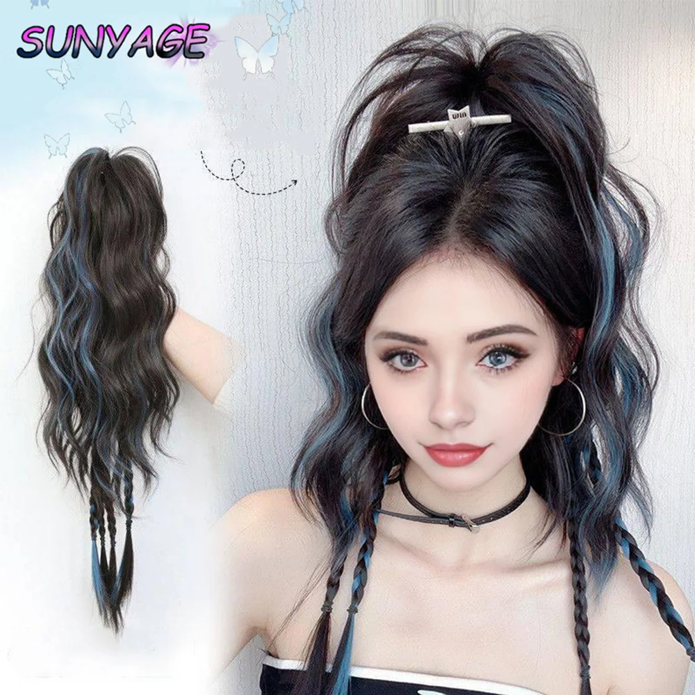 

Synthetic Claw Clip Ponytail Braid Hair Water ripple dyeing Extensions Long Curly Hair Black Blue Pink Hair Pony Tail For Women
