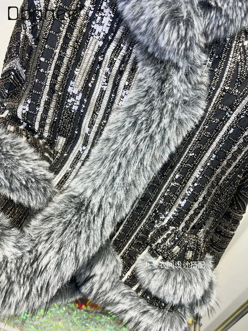 Heavy Industry Beaded Sequin Faux Fur Coat for Women 2025 Winter New High End Elegant Fashion Thicken Loose Warm Fur Jacket