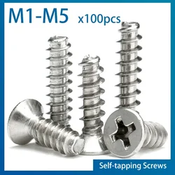 100pcs/ lot Cross Recessed Countersunk Head Self-tapping Screws Nickel Plated Carbon Steel M1 M2 M2.6 M3 M4 Flat Phillips Screw