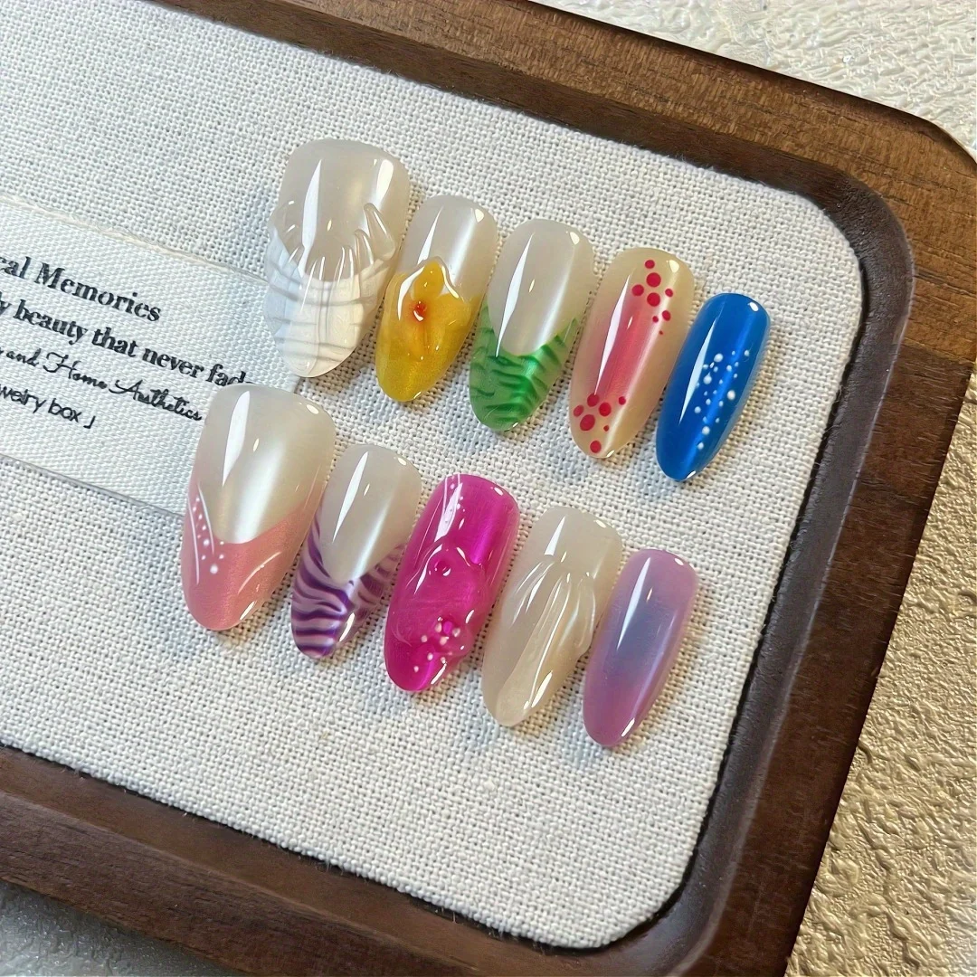

10pcs Handmade Press on Nails French Small Flowers Gradient Smudge Fishtail False Nail for Women&Girl Detachable Wearable Nail