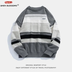 HANLU-Youth Men Winter Sweaters 2023 Striped Vintage Pullover Mens O-Neck Korean Fashions Sweater Women Casual Harajuku Clothes