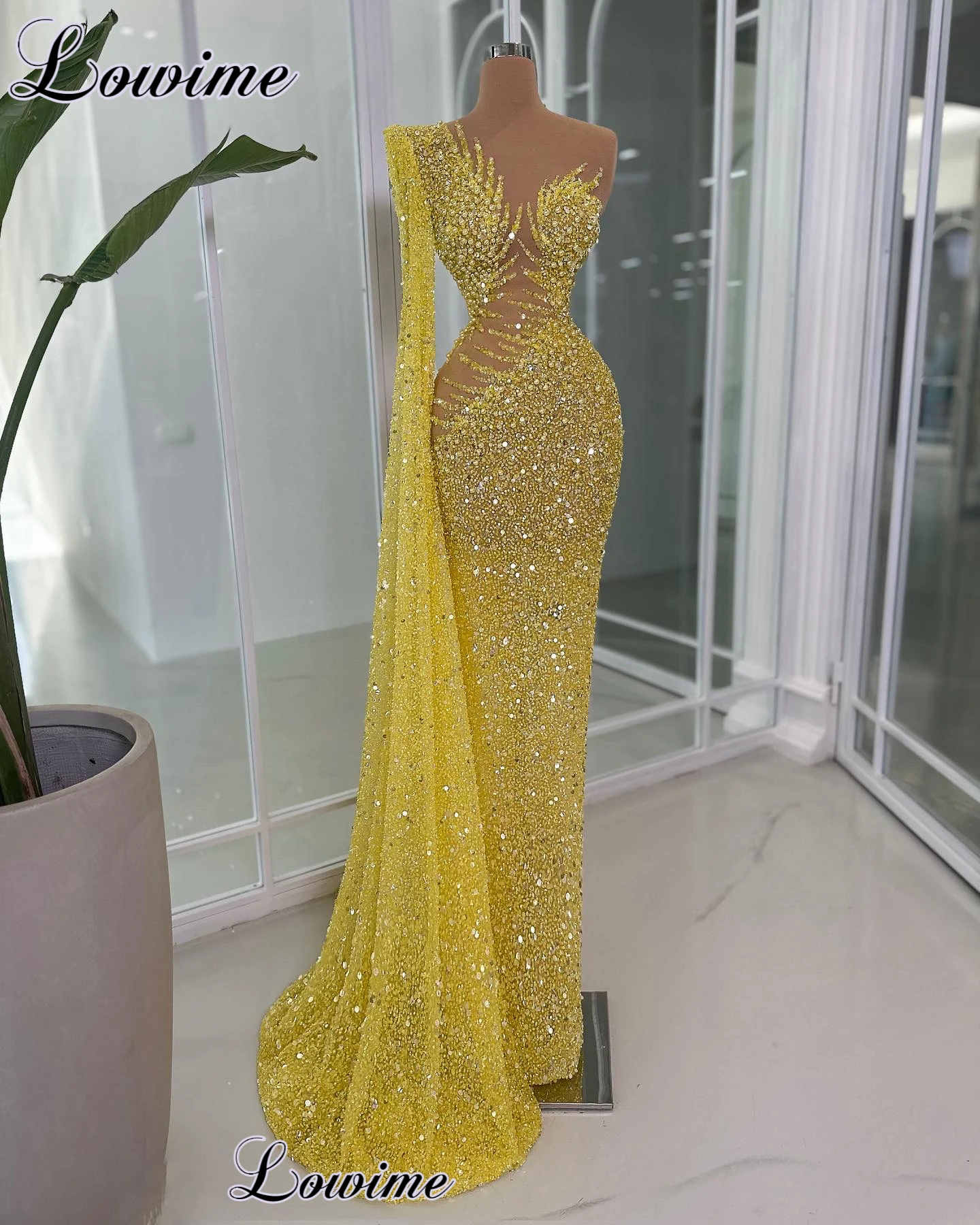 New Yellow Glitter Prom Dresses Mermaid One Shoulder Special Evening Gowns With Pearls Vestidos Para Mujer Prom Dresses 2024