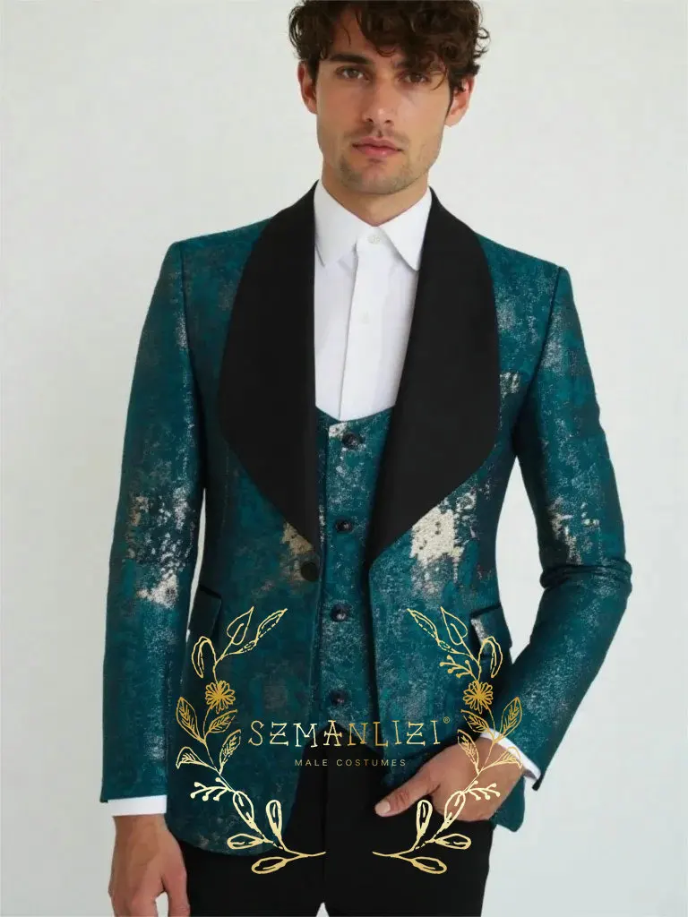 

Green Printed Slit Mens Suits 3 Piece Black Shawl Lapel Formal Groom Tuxedos for Wedding Groomsmen Suits Men (Blazer+Vest+Pant)