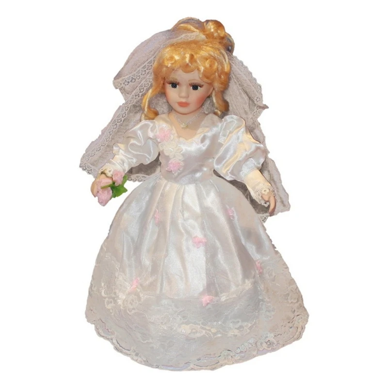 

F19F Toy Bride Porcelain Blond Girl White Dress Photography Decorations