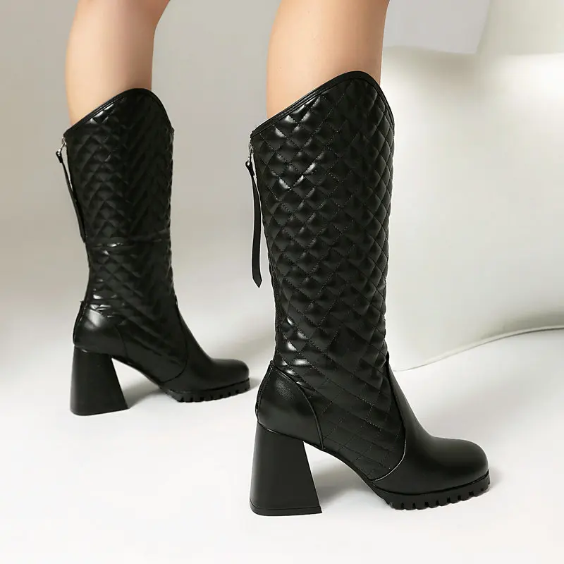 Big Size 34-48 Plain Red White Black Quilted Pattern Winter Warm Shoes Chunky High Heels Mid-calf Back Zipper Woman Snow Boots