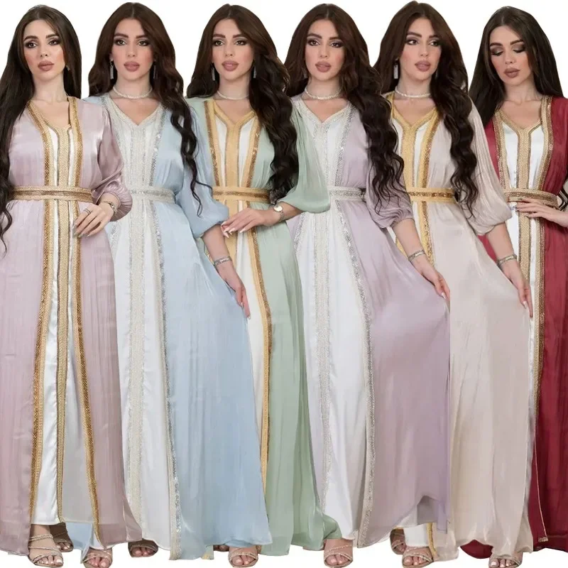 

Cross-Border Muslim Women's Wear Rhinestone Light Luxury Dress Abaya Suit Bright Silk Satin Three-Piece Set Dress abaya