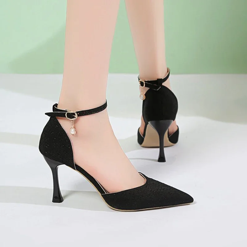 Ankle Buckle Stiletto Heels Pumps Women Sexy Super High Heel Party Shoes Woman Pointed Toe Pearl Elegant Zapato Mujer