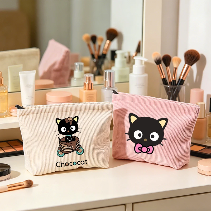 

Chococat Woman Corduroy Makeup Bag Sanrio Female Cute Toiletry Bags Girl Kawaii Travel Portable Zipper Storage Wash Bag Gift New
