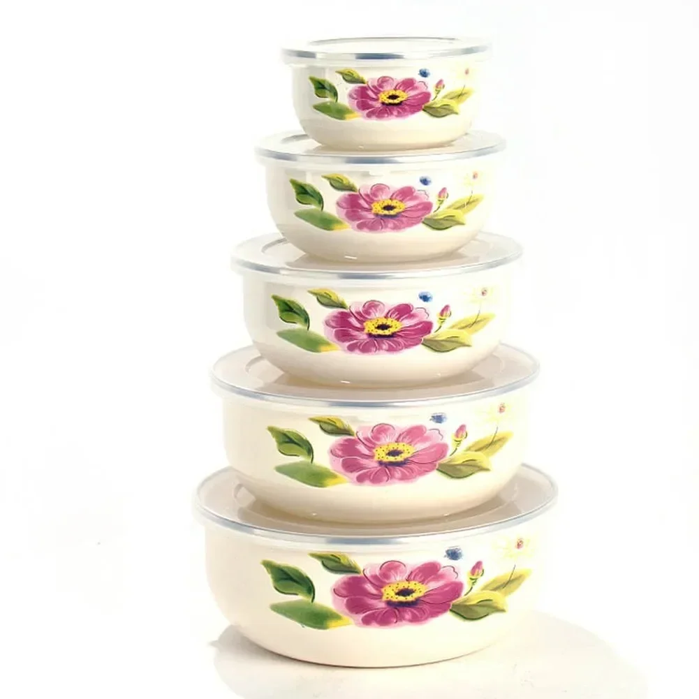 

5Pcs/ enamel bowl Set Creative Flower Animal Enamel Bowls Salad Food Bowls with Plastic Covers for Home Kitchen