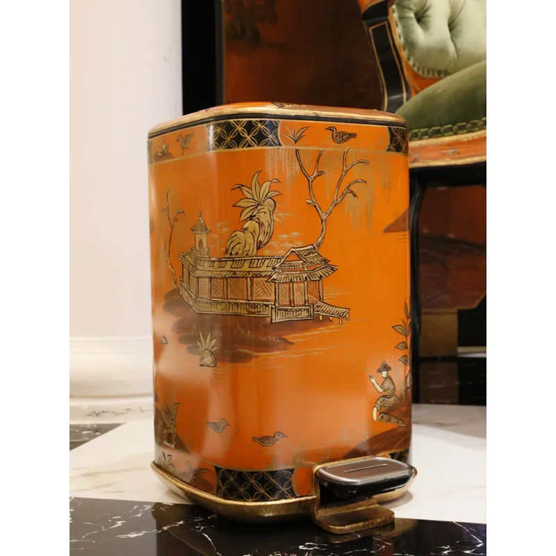 French Chinese Style Luxury Fashion Orange Hand Painted Landscape Gold Foil Villa Foot Pedal Decorative Trash Can